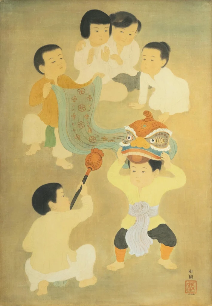 “Trẻ em chơi múa lân”, một tác phẩm tranh lụa quý hiếm của Mai Trung Thứ