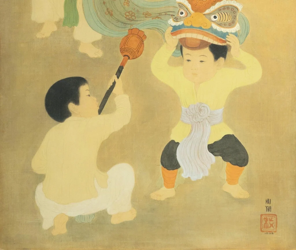 “Trẻ em chơi múa lân”, một tác phẩm tranh lụa quý hiếm của Mai Trung Thứ